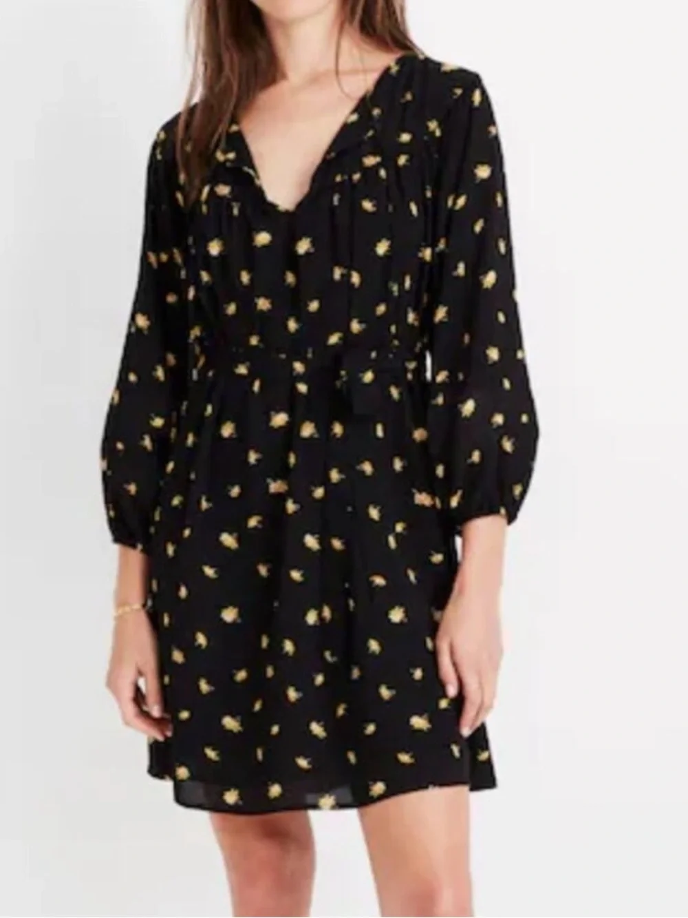 Madewell Black Floral V-Neck puff  Sleeve Dress large